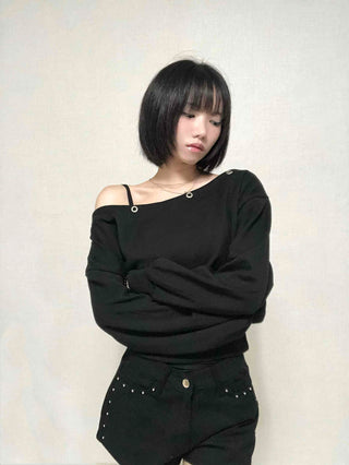 Street Off-Shoulder Cotton Plain Sweatshirt