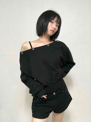 Street Off-Shoulder Cotton Plain Sweatshirt