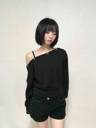 Street Off-Shoulder Cotton Plain Sweatshirt