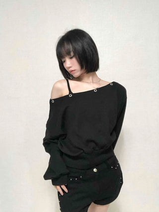 Street Off-Shoulder Cotton Plain Sweatshirt