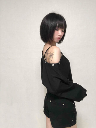 Street Off-Shoulder Cotton Plain Sweatshirt