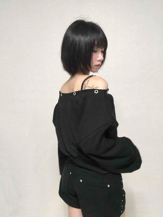 Street Off-Shoulder Cotton Plain Sweatshirt