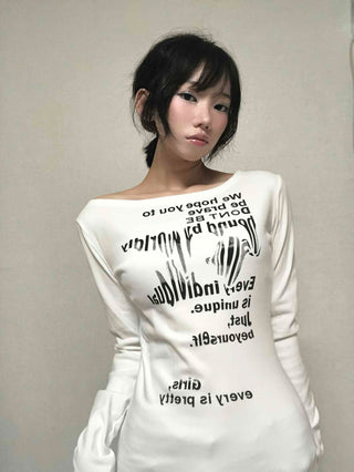 White boat neck off-shoulder long-sleeve t-shirt