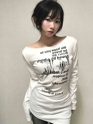 White boat neck off-shoulder long-sleeve t-shirt