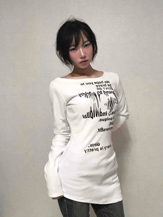 White boat neck off-shoulder long-sleeve t-shirt