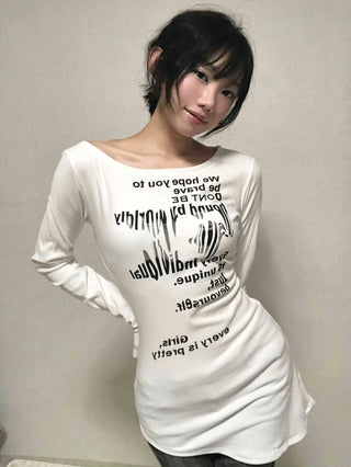 White boat neck off-shoulder long-sleeve t-shirt