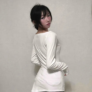 White boat neck off-shoulder long-sleeve t-shirt