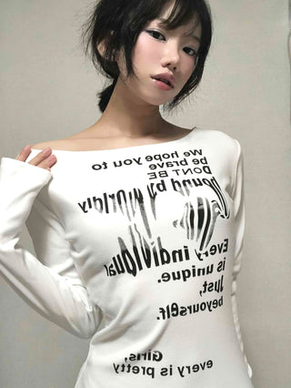 White boat neck off-shoulder long-sleeve t-shirt