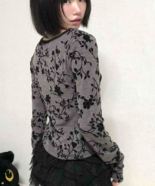 Retro Hip Flower V-Neck Long Sleeve T-Shirt