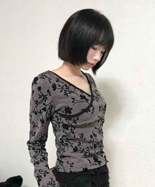 Retro Hip Flower V-Neck Long Sleeve T-Shirt