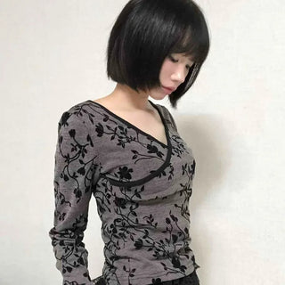 Retro Hip Flower V-Neck Long Sleeve T-Shirt