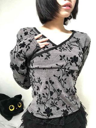 Retro Hip Flower V-Neck Long Sleeve T-Shirt