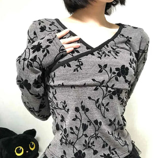 Retro Hip Flower V-Neck Long Sleeve T-Shirt