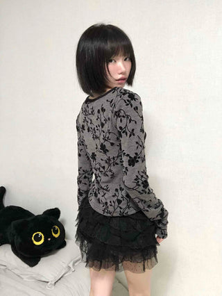 Retro Hip Flower V-Neck Long Sleeve T-Shirt