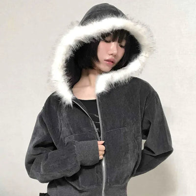 Plain short jacket fur hooded zip-up
