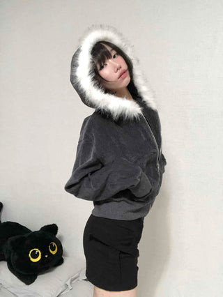 Plain short jacket fur hooded zip-up