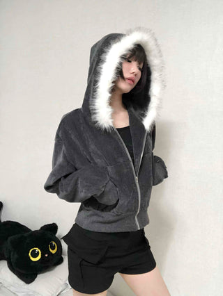 Plain short jacket fur hooded zip-up