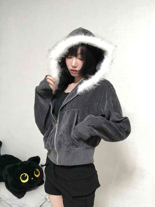 Plain short jacket fur hooded zip-up