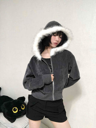 Plain short jacket fur hooded zip-up