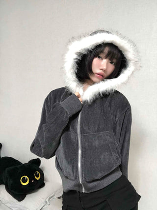 Plain short jacket fur hooded zip-up