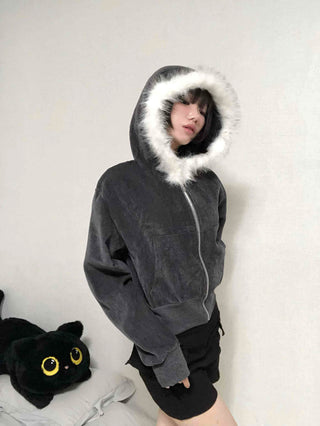 Plain short jacket fur hooded zip-up