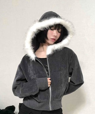 Plain short jacket fur hooded zip-up