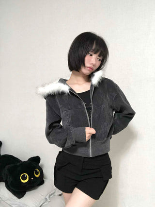 Plain short jacket fur hooded zip-up