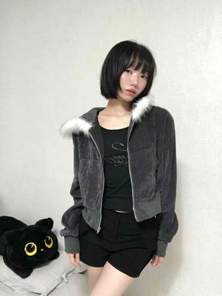 Plain short jacket fur hooded zip-up