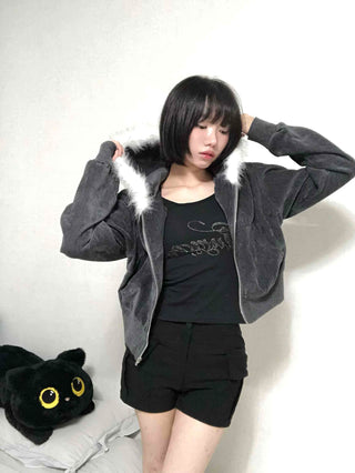 Plain short jacket fur hooded zip-up