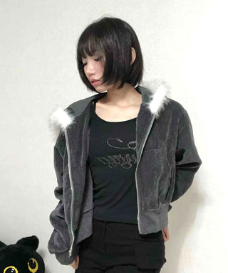 Plain short jacket fur hooded zip-up