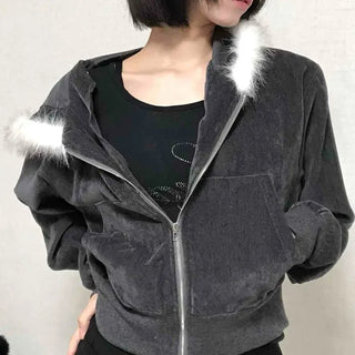 Plain short jacket fur hooded zip-up