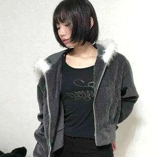 Plain short jacket fur hooded zip-up