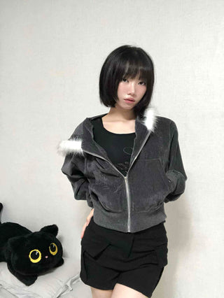 Plain short jacket fur hooded zip-up