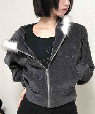 Plain short jacket fur hooded zip-up