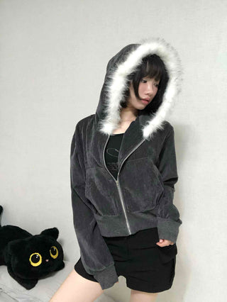 Plain short jacket fur hooded zip-up