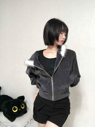 Plain short jacket fur hooded zip-up