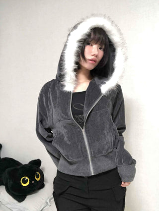 Plain short jacket fur hooded zip-up
