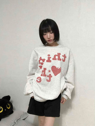Autumn Cotton Check Lettering Sweatshirt