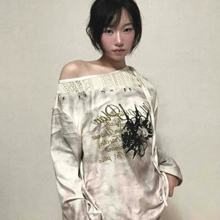 Tie-dye off-shoulder long-sleeve t-shirt