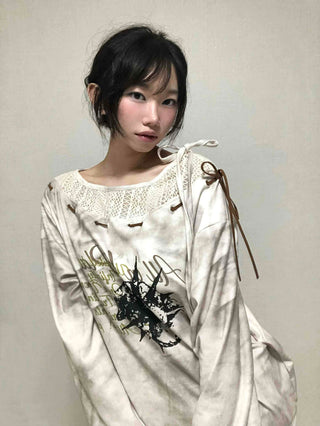 Tie-dye off-shoulder long-sleeve t-shirt