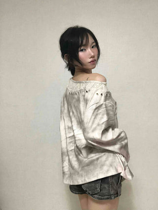 Tie-dye off-shoulder long-sleeve t-shirt