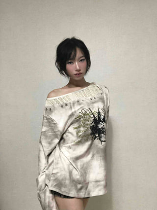 Tie-dye off-shoulder long-sleeve t-shirt