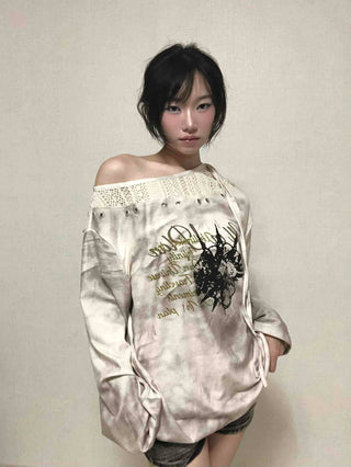 Tie-dye off-shoulder long-sleeve t-shirt