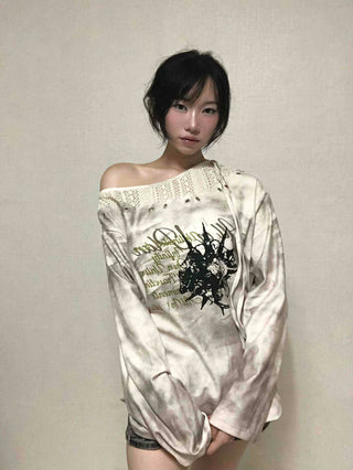 Tie-dye off-shoulder long-sleeve t-shirt
