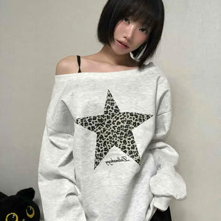 Leopard Print Star Off-Shoulder Sweatshirt