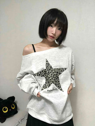 Leopard Print Star Off-Shoulder Sweatshirt