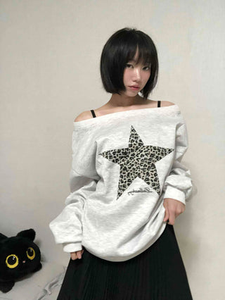 Leopard Print Star Off-Shoulder Sweatshirt