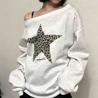 Leopard Print Star Off-Shoulder Sweatshirt