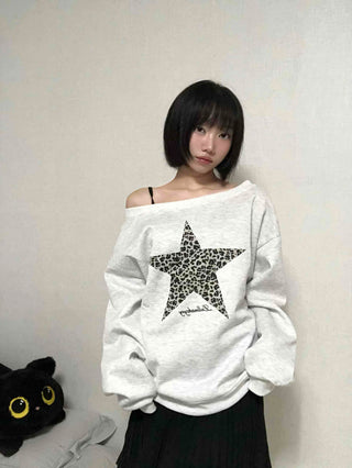 Leopard Print Star Off-Shoulder Sweatshirt