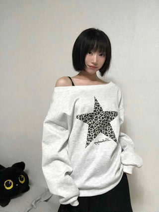 Leopard Print Star Off-Shoulder Sweatshirt
